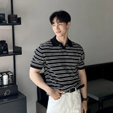 Hearujoy Summer Men's Clothing Light Luxury Knit Polo Shirt Korean Striped Short Sleeve Retro Breathable Fashion Leisure V Neck Knitwear